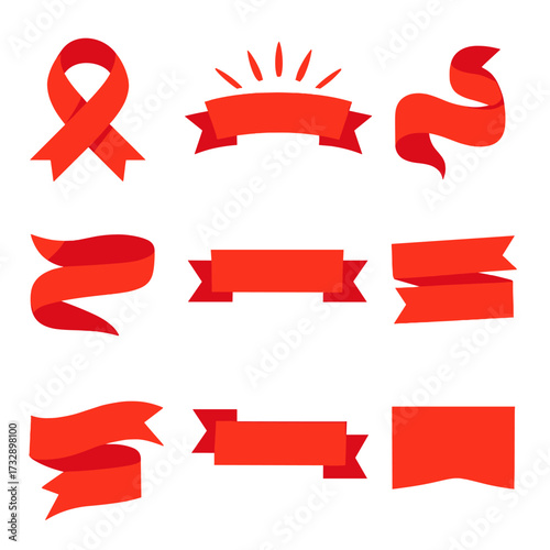 Creative Red Ribbon Icons. Flat vector icons of creative red banner ribbons: looped end ribbon, stylized burst ribbon, festive