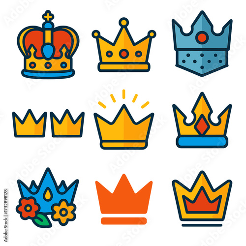 Vibrant Crown Icons. Flat vector icons of crowns: bejeweled ceremonial crown, traditional monarch crown, knight’s armor crown,