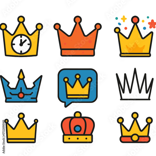 Diverse Crown Icons. Flat vector icons of crowns: crown with clock face center, weathered old crown, military medal crown, holiday