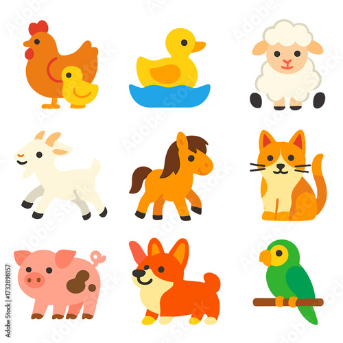 Cute Farm Icons. Flat vector icons of cute farm and domestic animals: hen with chick, duckling paddling, fluffy lamb sitting, goat