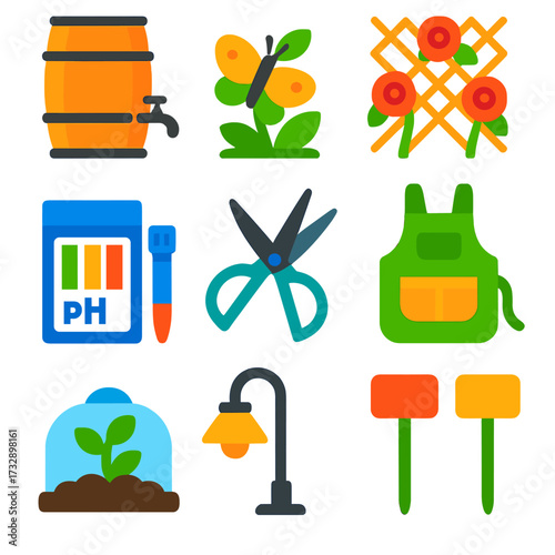 Vibrant Gardening Icons. Flat vector icons of gardening: rain barrel with spout, butterfly on garden plant, trellis with climbing