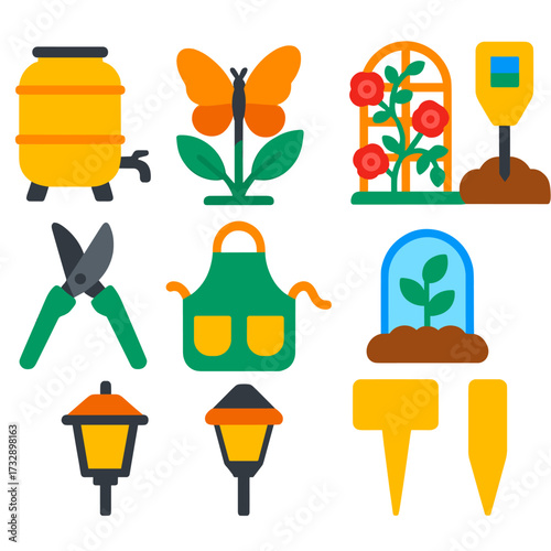 Vibrant Gardening Icons. Flat vector icons of gardening: rain barrel with spout, butterfly on garden plant, trellis with climbing