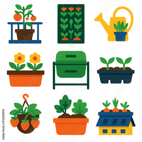 Urban Gardening Icons. Flat vector icons of urban gardening and balcony farming: potted tomato plant on balcony, vertical garden