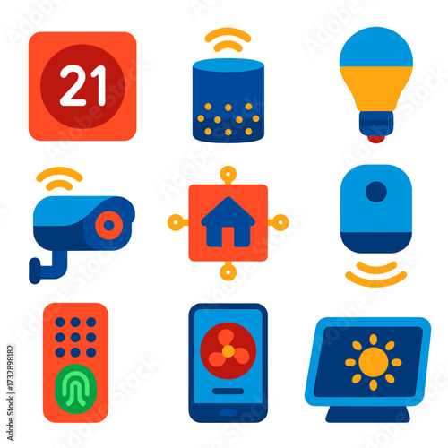 Smart Home Icons. Flat vector icons of smart home devices and automation: smart thermostat on wall, voice assistant speaker, smart