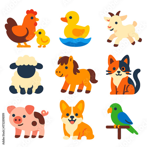 Cute Farm Icons. Flat vector icons of cute farm and domestic animals: hen with chick, duckling paddling, fluffy lamb sitting, goat