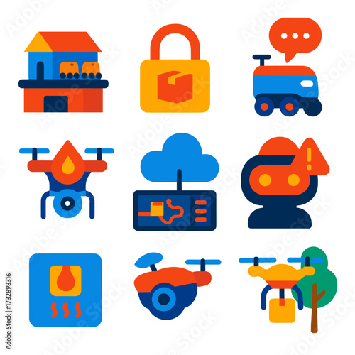 Futuristic Delivery Icons. Flat vector icons of delivery robots and autonomous logistics: rooftop delivery hub, secure package