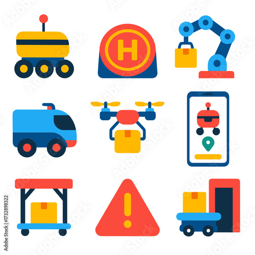 Futuristic Delivery Icons. Flat vector icons of delivery robots and autonomous logistics: multi-wheel delivery rover, automated