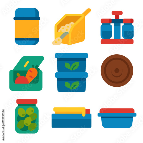 Food Storage Icons. Flat vector icons of food preservation and storage containers: spill-proof thermos jar, dry grain scooper bin,
