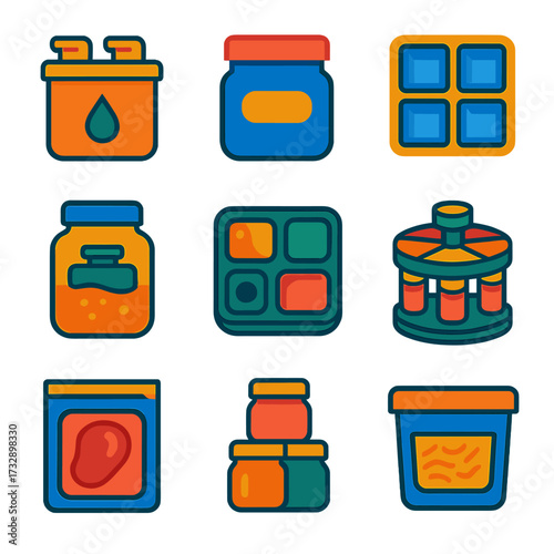 Colorful Food Storage Icons. Flat vector icons of food preservation and storage containers: dual-lid oil container, sealed sugar