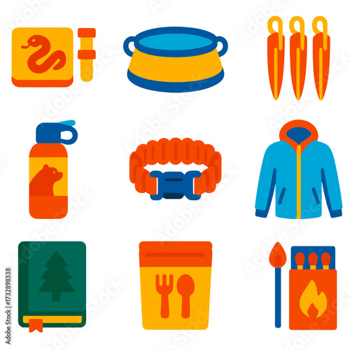 Camping Gear Icons. Flat vector icons of camping gear and outdoor survival: snake bite kit, collapsible camp sink, reflective tent
