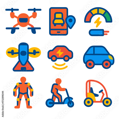 Future Mobility Icons. Flat vector icons of future mobility: autonomous drone with propellers, in-app ride hailing symbol, EV