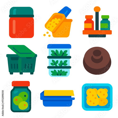 Food Storage Icons. Flat vector icons of food preservation and storage containers: spill-proof thermos jar, dry grain scooper bin,