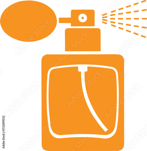 Stylized orange perfume bottle spritzing fragrance mist with abstract oval bulb and white outline on white background
