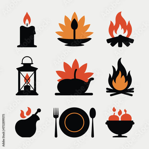 Thanksgiving Minimal Silhouette Candle Lantern Bonfire Table Plate Utensils Serving Dish 