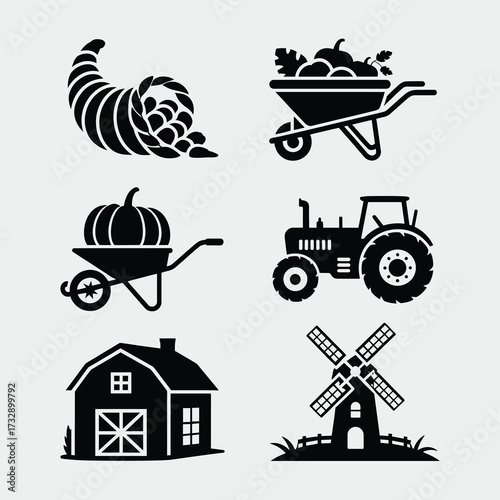 Thanksgiving Silhouette Set with Cornucopia, Harvest Cart, Pumpkin and Barn