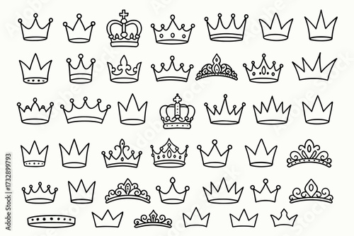 Crown outline icon set. royalty, kings, queens symbols line collection