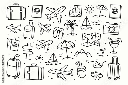 Travel and tourism line icon set. vacation, adventure, holiday, leisure icons collection