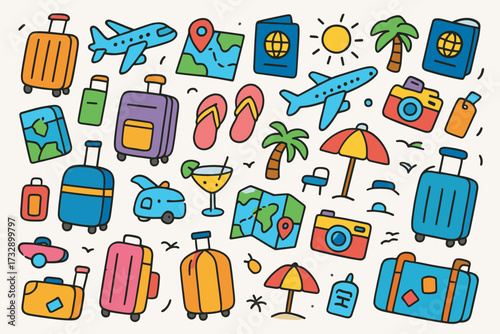 Travel and vacation flat icon set. holiday, journey essentials flat icons collection.