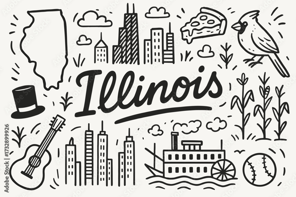 Fototapeta premium Illinois doodle icon set. chicago landmarks, state symbols in line art style
