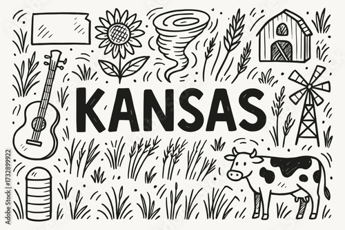 Kansas outline icon set: nature, windmill, barn and agriculture symbols collection