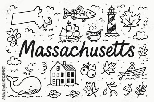 Massachusetts doodle icon set, outline style. new england sketches, local culture symbols.
