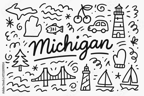 Michigan doodle icon set. hand-drawn, outline style illustrations of michigan symbols