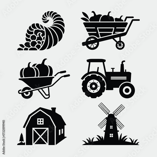 Thanksgiving Silhouette Set with Cornucopia, Harvest Cart, Pumpkin and Barn