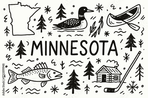 Minnesota travel and culture icon set. outline illustrations of state nature and symbols.