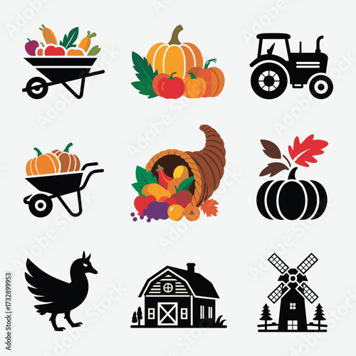 Thanksgiving Silhouette Set with Cornucopia, Harvest Cart, Pumpkin and Barn