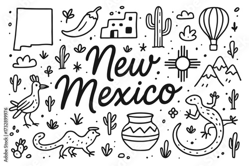 Southwest charm line icon set. new mexico inspired linear art collection.