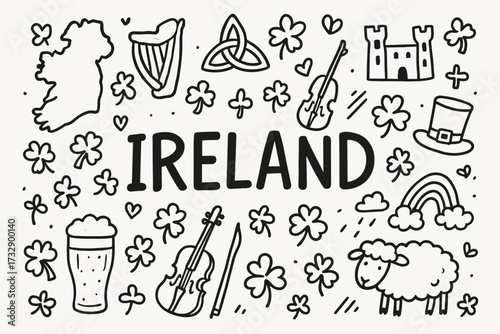 Ireland doodle icon set. irish heritage, symbols, and landmarks outline collection