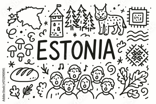 Estonia outline icon set. culture, nature, tourism, heritage symbols in linear style