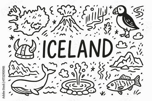 Iceland travel outline icon set. explore icelandic nature, wildlife, map icons