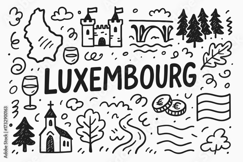 Luxembourg doodle icon set. fun outline icons for travel and culture enthusiasts