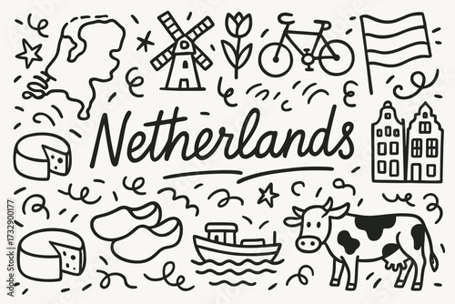 Netherlands icon set. dutch culture, landmarks, and cuisine line icons collection.