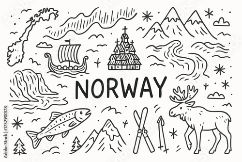 Icon set, norway outline icons for travel. nordic, scandinavian linear collection.
