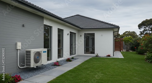 Modern residential exterior with air conditioning unit and green lawn
