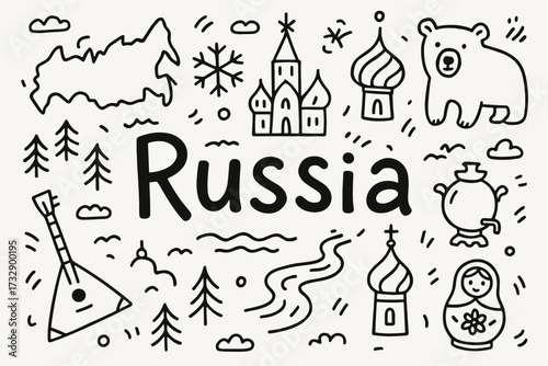 Russia, travel outline icon set. russian culture, traditional symbols, tourism icons