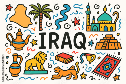 Iraq culture outline icon set. traditional symbols and elements in outline style