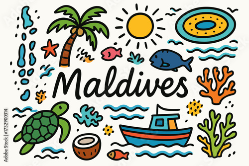Island paradise flat icon set with tropical elements, palm trees, and marine life