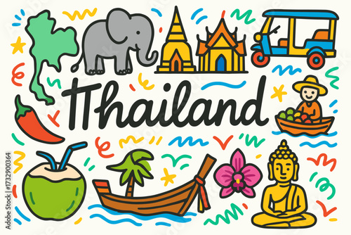 Thailand culture icon set. flat icons featuring thai landmarks and traditions