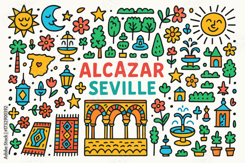 Spain travel linear icon set featuring seville landmarks and cultural symbols