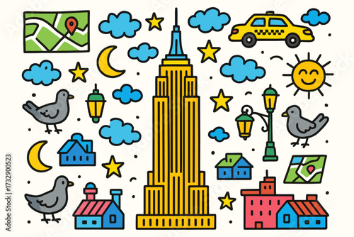 New york city line icon set. urban, skyline, taxi, map, pigeon line art illustrations