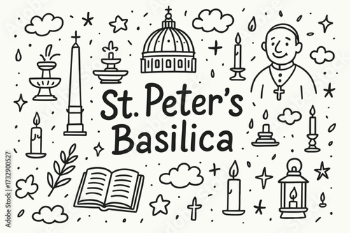 St. peter's basilica line icon set. vatican symbols and religious icons collection.