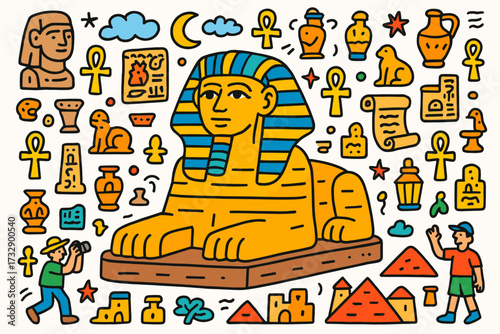 Ancient egypt outline icon set. hieroglyphs, sphinx, pyramids themed icons collection