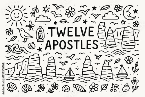 Outline icon set of the twelve apostles. ocean, cliffs, natural landscape icons.