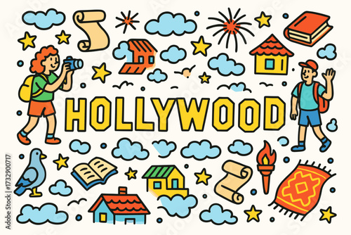 Hollywood travel flat icon set. los angeles tourism icons collection