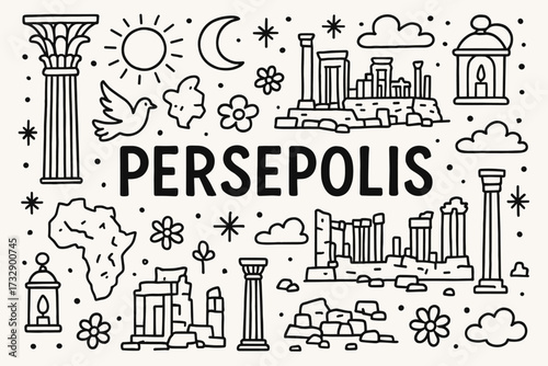 Persepolis, ancient heritage linear icon set. historical, culture line icon collection