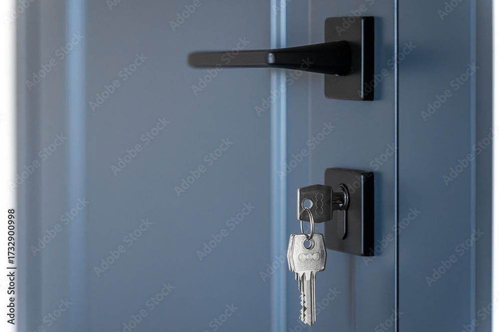 Naklejka premium Side door handle. Keys on ring. Matte blue panel.