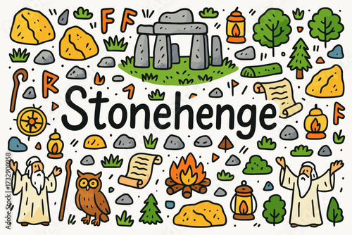 Stonehenge history icon set. linear icons depicting ancient landmarks and artifacts